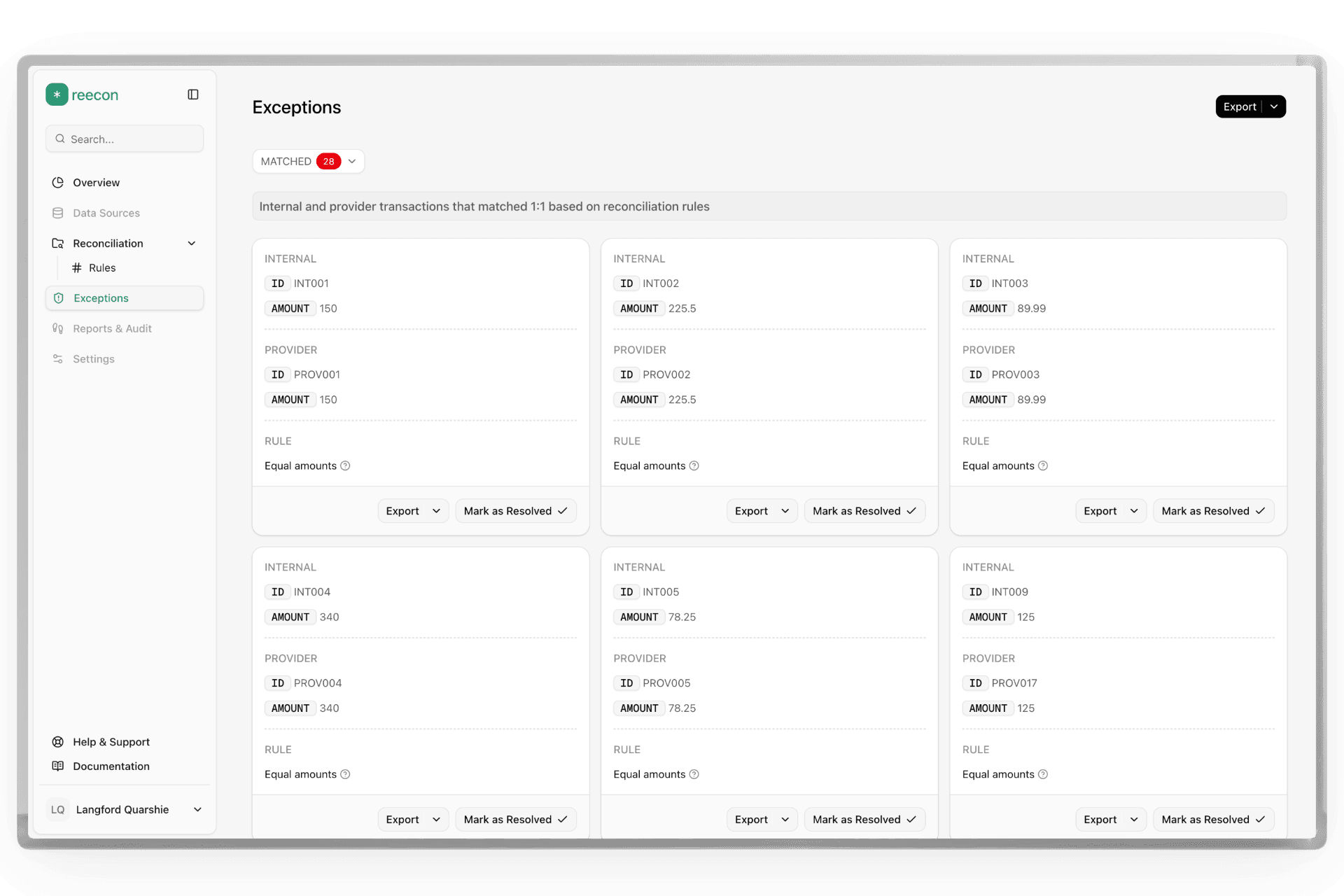 screenshot of dashboard matched recon records